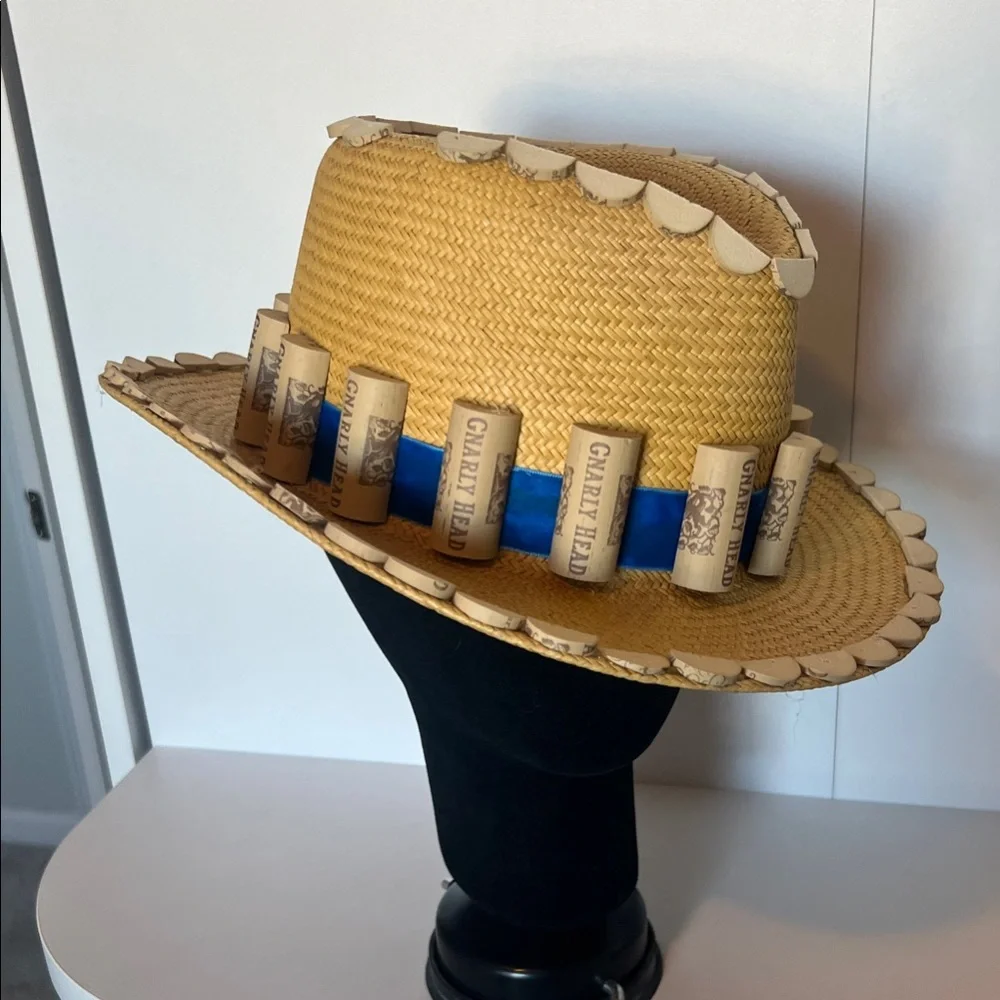 Unique Straw Hat, Wine Cork Accents - Picture 1 of 8